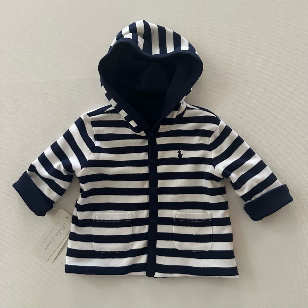 Ralph Lauren 6 Months Baby Boy Hooded Jacket Cardigan Blue Reversible NWT